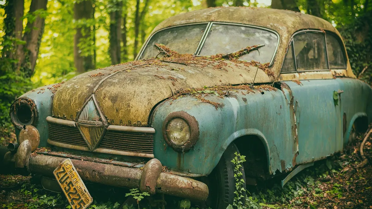Carcasses de voitures alignées dans une casse automobile