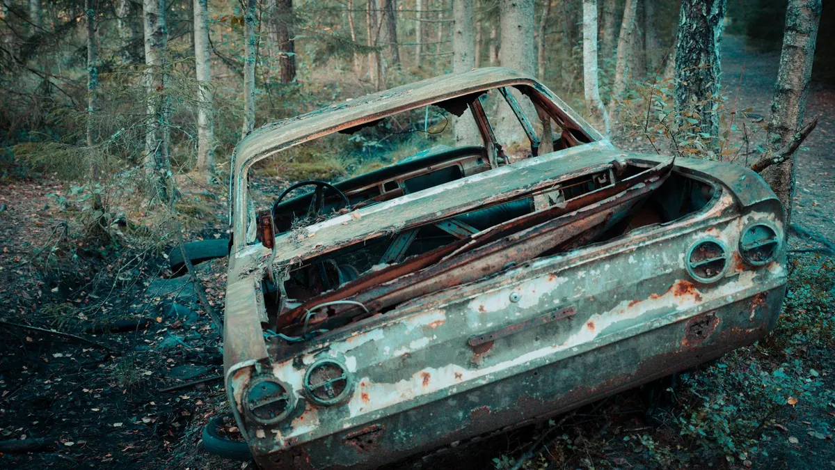 Épave de voiture abandonnée dans la nature