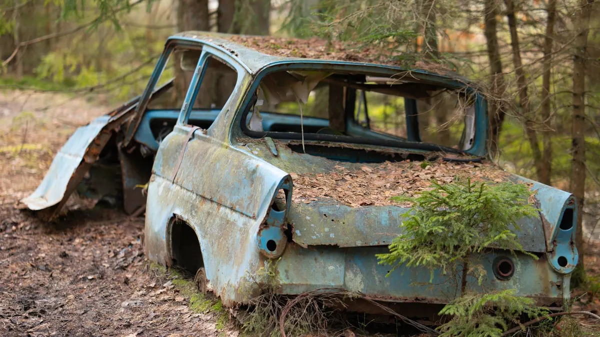 Épave de voiture abandonnée dans la nature